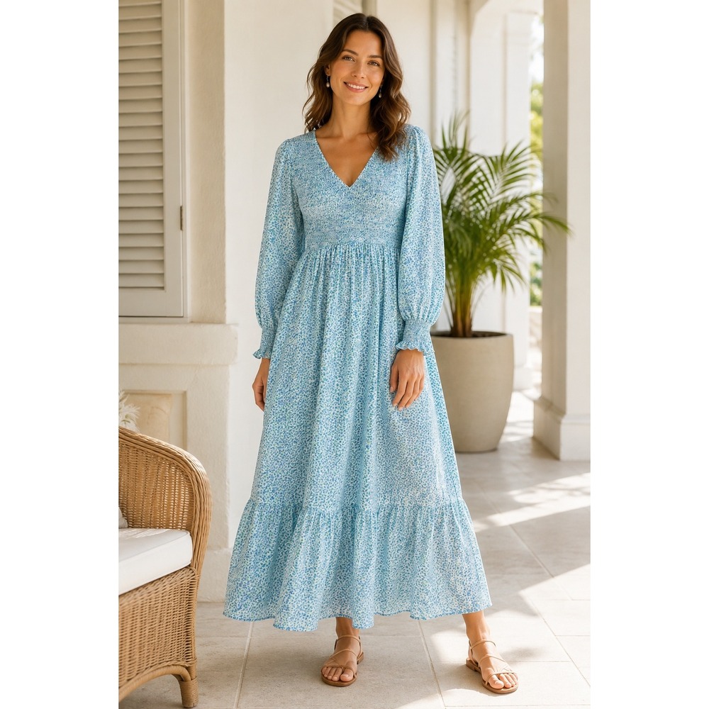 Pink City Prints Smocked Cotton Maxi Dress Blue Green Floral Boho Cottagecore L
